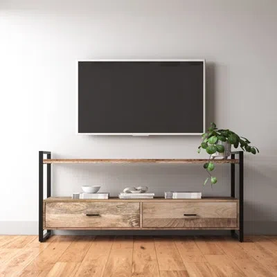 Simpli Home Riverside 60"w Solid Mango Wood Industrial Tv Stand For Tvs Up To 65" With 2 Drawers And Open Shelf
