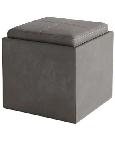 Simpli Home Rockwood 17in Contemporary Square Cube Storage Ottoman With Tray In Gray