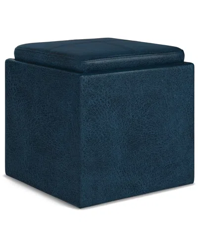Simpli Home Rockwood 17in Contemporary Square Cube Storage Ottoman With Tray In Blue