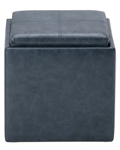 Simpli Home Rockwood 17in Contemporary Square Cube Storage Ottoman With Tray In Blue