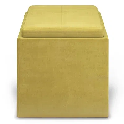 Simpli Home Rockwood 17"w Upholstered Velvet Fabric Contemporary Square Storage Cube Ottoman With Flip-over Tray In Dijon Yellow Velvet