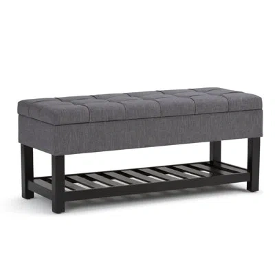 Simpli Home Saxon 43"w Vegan Leather Transitional Storage Ottoman Bench With Tufted Lift-top And Open Bottom She In Slate Gray,linen Look Fabric