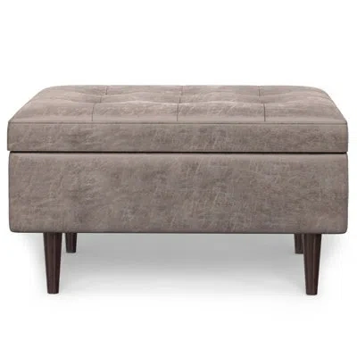 Simpli Home Shay 34"w Upholstered Coffee Table Storage Ottoman With Lift Top And Tufted Detailing In Gray Taupe Faux Leather