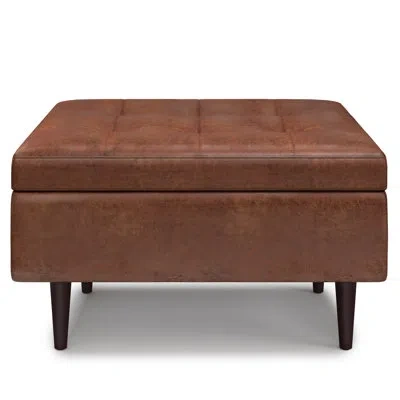 Simpli Home Shay 34"w Upholstered Vegan Leather Mid-century Modern Small Lift-top Coffee Table Storage Ottoman In Distressed Saddle Brown Faux Leather