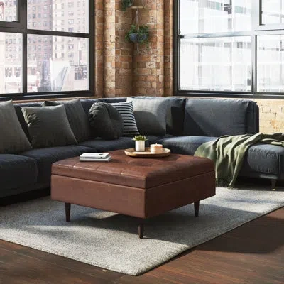 Simpli Home Shay 38"w Upholstered Vegan Leather Mid-century Modern Square Lift-top Coffee Table Storage Ottoman In Distressed Saddle Brown Faux Leather