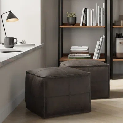 Simpli Home Sheffield 18"w Square Pouf In Distressed Dark Brown Leather