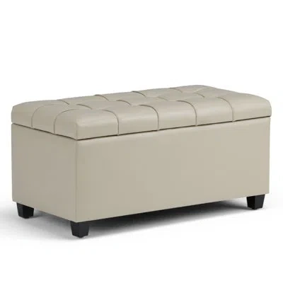 Simpli Home Sienna 33"w Upholstered Vegan Leather Transitional Rectangular Storage Ottoman Bench With Tufted Sty In Satin Cream Faux Leather
