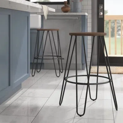 Simpli Home Simeon Metal And Solid Wood Counter Stool, Industrial With Hairpin Legs (set Of 2) In Cocoa,black