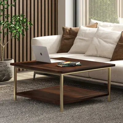 Simpli Home Skyler 34"w Solid Mango Wood And Metal Industrial Square Coffee Table With Open Shelf And Black Fram In Dark Brown
