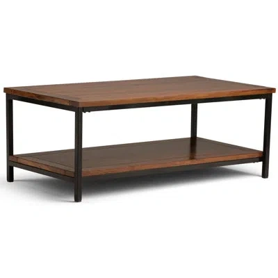 Simpli Home Skyler 48"w Solid Mango Wood And Metal Industrial Coffee Table With Open Shelf And Black Frame In Dark Cognac Brown