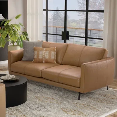 Simpli Home Stevens Leather Sofa In Stevens Butternut Brown Genuine Leather