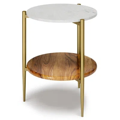 Simpli Home Wagner 18"w Solid Acacia Wood And Marble Top Mid-century End Table With Sturdy Base In White,natural