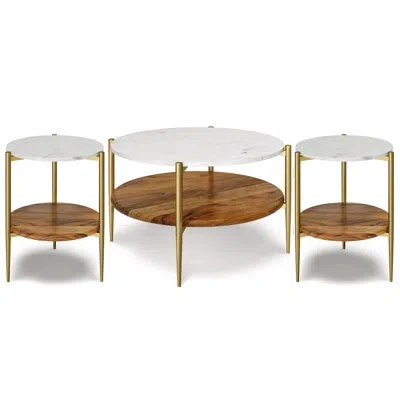 Simpli Home Wagner Solid Mango/genuine Marble/iron Mid-century 30 Inch Wide Coffee Table With 2 18 Inch Wide End In White,natural