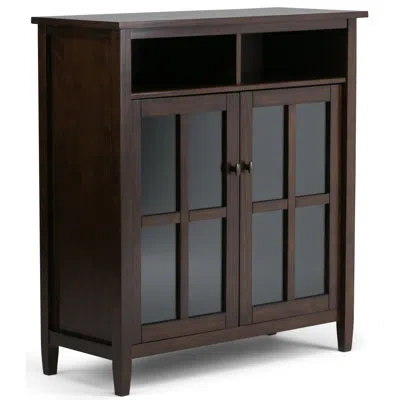 Simpli Home Warm Shaker 39"w Solid Wood Transitional Medium Storage Media Cabinet With Open Cubbies And Glass Do In Tobacco Brown