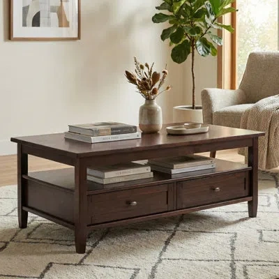 Simpli Home Warm Shaker 48"w Solid Wood Transitional Coffee Table With Storage Drawers And Open Shelf In Tobacco Brown