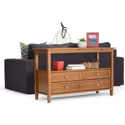 Simpli Home Warm Shaker 48"w Solid Wood Transitional Sofa Table With 4 Drawers, Open Shelf And Brushed Nickel Kn In Light Golden Brown