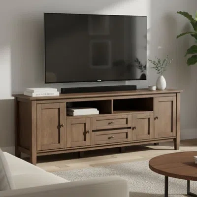 Simpli Home Warm Shaker 72"w Solid Wood Transitional Tv Stand For Tvs Up To 80" With 4 Cabinets, 1 Drawer, And F In Rustic Natural Aged Brown