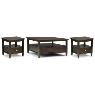 Simpli Home Warm Shaker Solid Wood Transitional 36 Inch Wide Coffee Table With 2 20 Inch Wide End Tables (set Of In Tobacco Brown