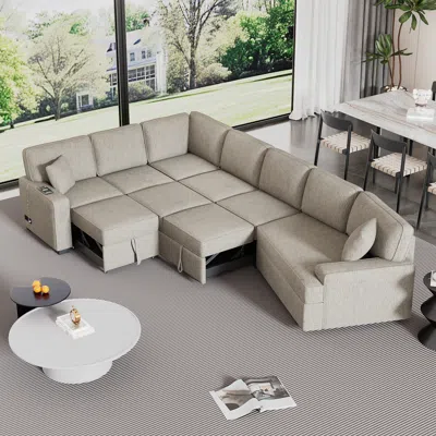 Simplie Fun 126" Beige L-shaped Sectional Sofa With Charging And Cup Holders In Gray