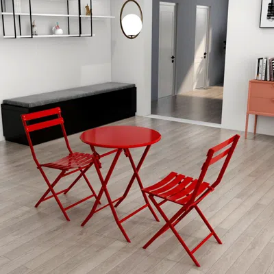 Simplie Fun 3 Piece Patio Bistro Set Of Foldable Round Table And Chairs In Red