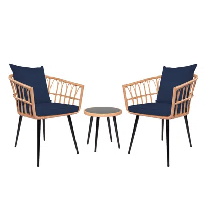 Simplie Fun 3 Piece Patio Bistro Set With Side Table, Outdoor Pe Rattan In Blue