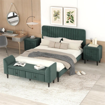 Simplie Fun 4-pieces Bedroom Sets Queen Size Upholstered Platform Bed In Green