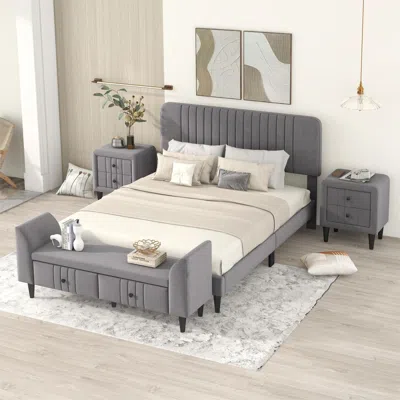 Simplie Fun 4-pieces Bedroom Sets Queen Size Upholstered Platform Bed In Gray