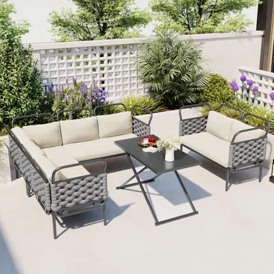 Simplie Fun 5-piece Modern Patio Sectional Sofa Set Outdoor Woven Rope Furniture Set In Multi