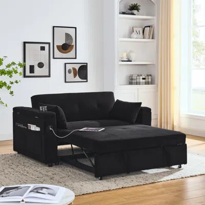 Simplie Fun 54" Pull-out Sleeper Sofa Bed Double Seat Recliner Sofa Bed In Black
