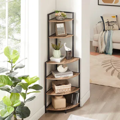 Simplie Fun 6-tier Corner Open Shelf Modern Bookcase Wood Rack Freestanding Shelving Unit In Brown