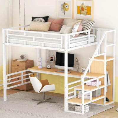 Simplie Fun Full Size Metal Loft Bed In White