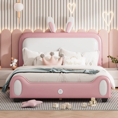 Simplie Fun Full Size Upholstered Rabbit-shaped Princess Bed In Pink