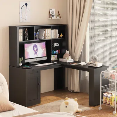 Simplie Fun L Shaped Desk,computer Desk With Drawers,bookshelf & Hutch,modern In Black