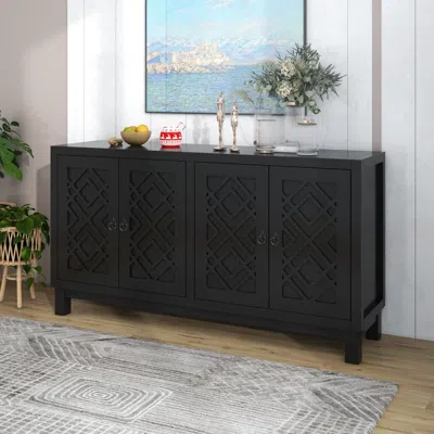 Simplie Fun Large Storage Space Sideboard, 4 Door Buffet Cabinet With Pull Ring In Black