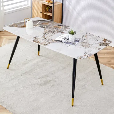Simplie Fun Marble Patterned Stone Dining Table With Black Metal Legs In White