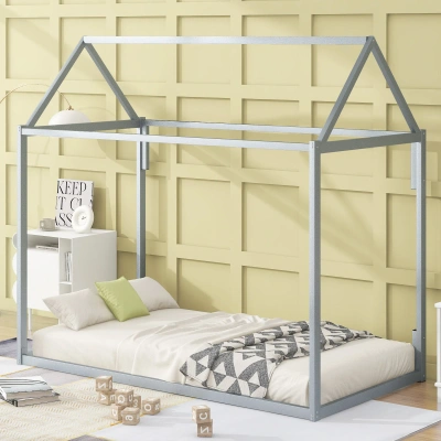 Simplie Fun Metal House Shape Platform Bed In Gray