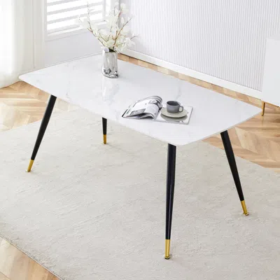 Simplie Fun Minimalist White Marble Dining Table, 62"x34.6", Black Legs