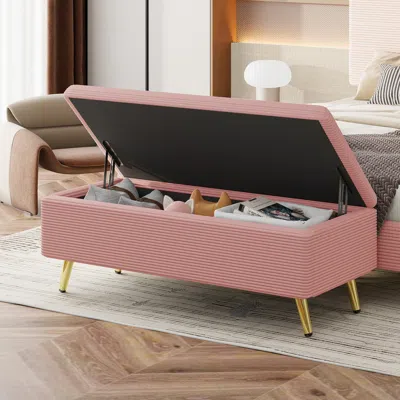 Simplie Fun Modern Corduroy Upholstered Ottoman With Metal Legs, Storage Bench In Pink