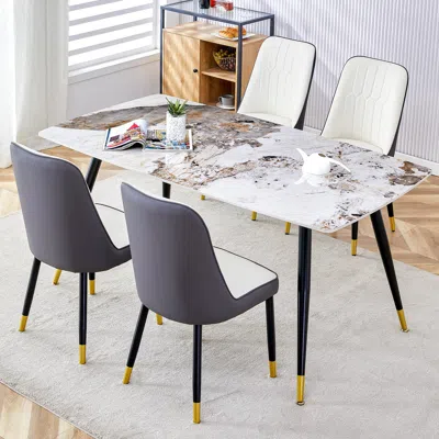 Simplie Fun Modern Minimalist Dining Table. Imitation Marble Patterned Stone In Gray