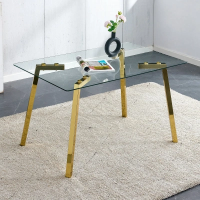 Simplie Fun Modern Minimalist Style Rectangular Glass Dining Table In Gold