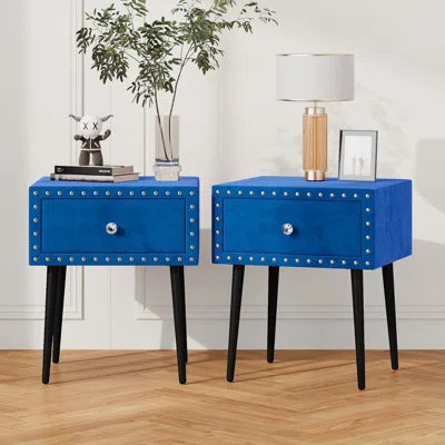 Simplie Fun Modern Nightstands Set Of 2 With Drawer And Crystal Handle, Elegant In Blue