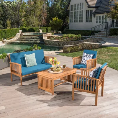 Simplie Fun Outdoor Acacia Wood Sofa Set With Water Resistant Cushions, 4-pcs Se In Blue