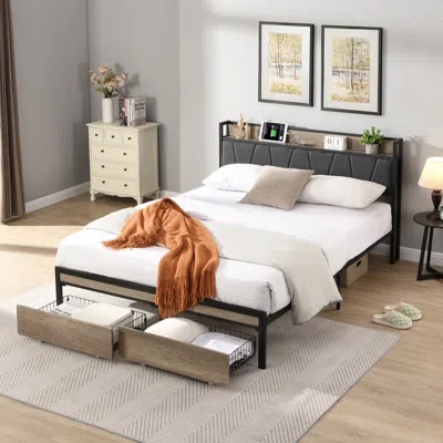 Simplie Fun Queen Size Metal Platform Bed Frame With Storage And Usb Headboard In Multi