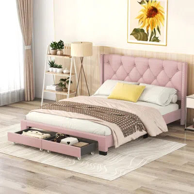 Simplie Fun Queen Size Storage Bed Linen Upholstered Platform Bed In Pink