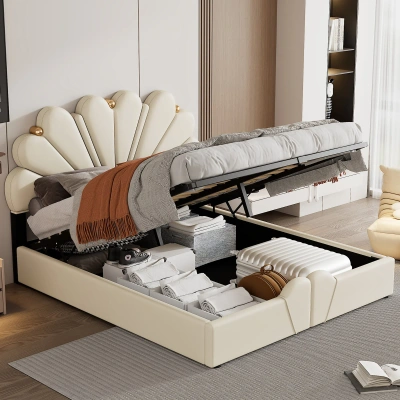 Simplie Fun Queen Size Upholstered Petal Shaped Platform Bed In Brown