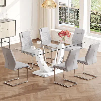 Simplie Fun Table And Chair Set, Large Modern Rectangular Glass Table, Can In Multi