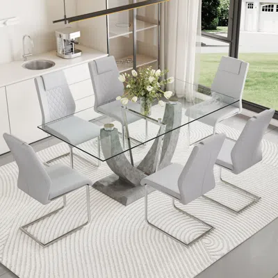 Simplie Fun Table And Chair Set, Large Modern Rectangular Glass Table, Can In Gray