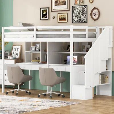 Simplie Fun Twin Size Loft Bed Frame With Storage Staircase And Double Desks In Multi
