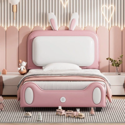 Simplie Fun Twin Size Upholstered Rabbit-shaped Princess Bed In Pink