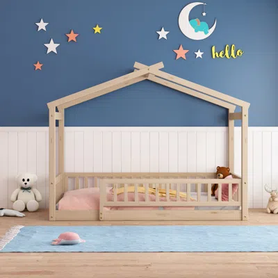 Simplie Fun Twin Size Wood Bed House Bed Frame With Fence In Neutral